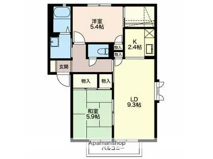 ユニヴェルソB棟(2LDK/2階)の間取り写真