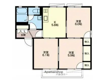 サンモールA・B・C・D・E(3K/2階)の間取り写真
