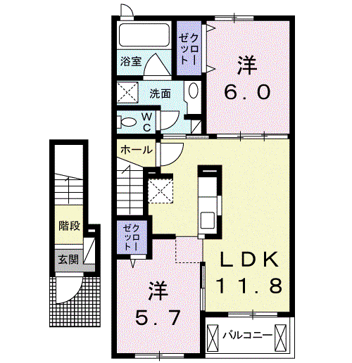 プティット フルール Ⅰ(2LDK/2階)の間取り写真
