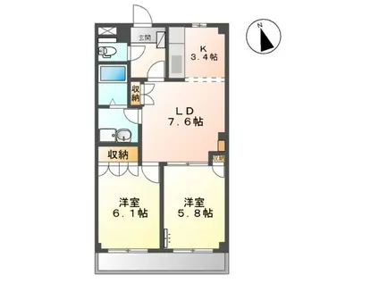 パラシオン旭B(2LDK/2階)の間取り写真