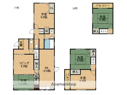 東海道本線 浜松駅 バス乗車時間:35分 高丘六地区バス停で下車 徒歩2分 2階建 築37年(6LDK)の間取り写真