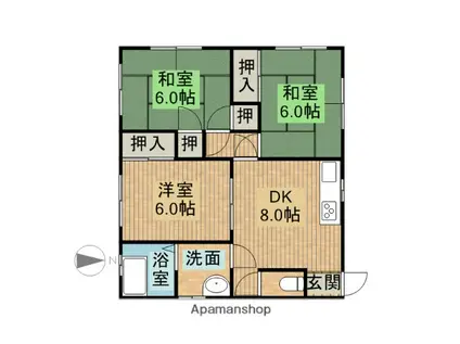 東海道本線 菊川駅(静岡) バス乗車時間:22分 虚空蔵バス停で下車 徒歩1分 1階建 築39年(3DK)の間取り写真