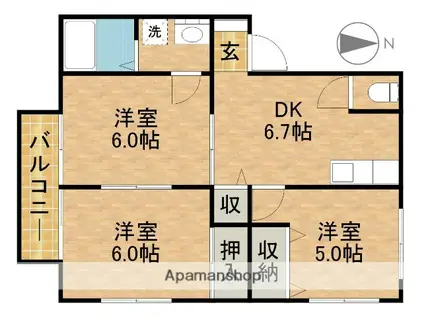 グランデハイツ河輪B(3DK/2階)の間取り写真