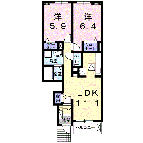ヒルトップイイダⅣ(2LDK/1階)の間取り写真
