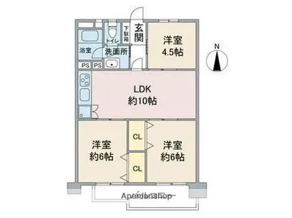 西一社団地(3LDK/6階)の間取り写真