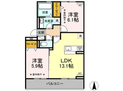 D-ROOM 新木曽川 B棟(2LDK/3階)の間取り写真