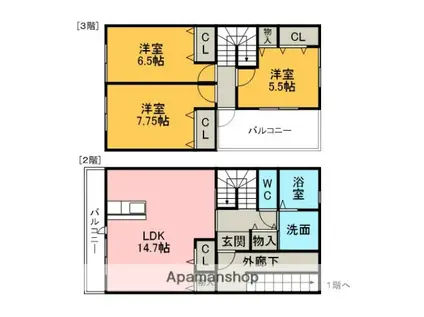 名鉄名古屋本線 新安城駅 徒歩9分 3階建 築12年(3LDK/2階)の間取り写真