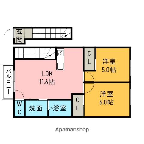 ドゥエル・ヒシダB(2LDK/2階)の間取り写真