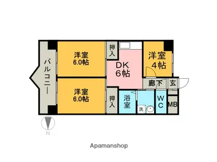 ファンシービル岩間(3DK/6階)の間取り写真