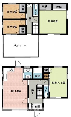 近鉄大阪線 桔梗が丘駅 徒歩21分 2階建 築56年(4LDK)の間取り写真