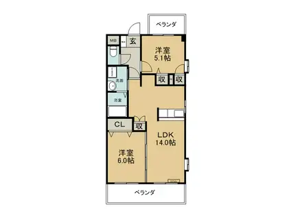 ベルコリーヌ星見坂(2LDK/2階)の間取り写真