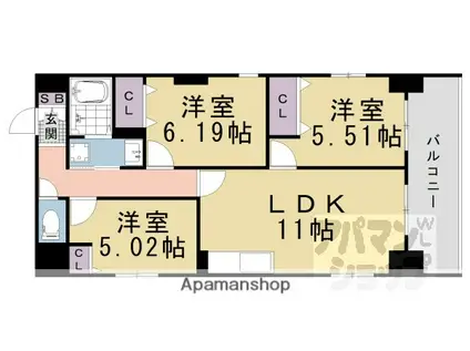 間之町御池レジデンス(3LDK/2階)の間取り写真