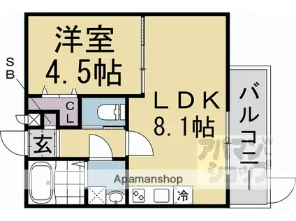 CASA WOOD 丹波橋(1LDK/2階)の間取り写真