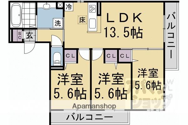 ルコアン堀川今宮(3LDK/1階)の間取り写真