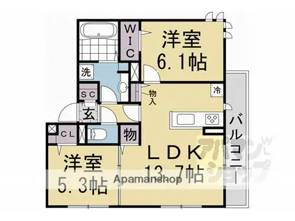 GRAMM東小野掘町イースト(2LDK/2階)の間取り写真