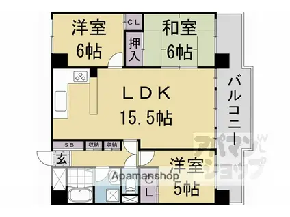 近鉄京都線 小倉駅(京都) 徒歩2分 5階建 築33年(3LDK/3階)の間取り写真