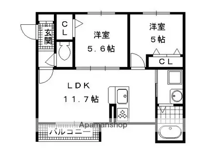 ベレオ桂(2LDK/2階)の間取り写真