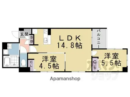 ヴィラ御所南(2LDK/4階)の間取り写真