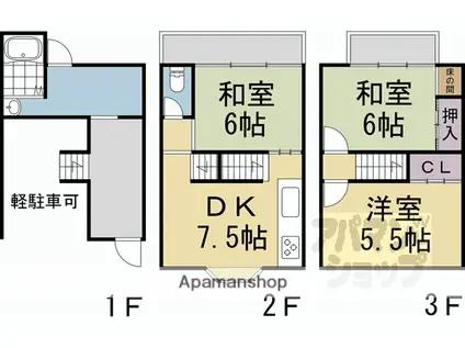 京福北野線 北野白梅町駅 徒歩39分 3階建 築39年(3DK)の間取り写真