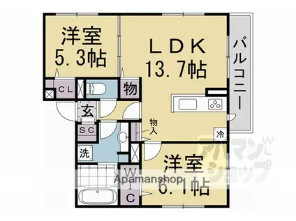GRAMM東小野掘町イースト(2LDK/3階)の間取り写真