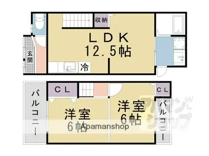 京都市東西線 椥辻駅 徒歩11分 2階建 築45年(2LDK)の間取り写真