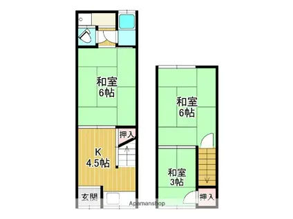 近鉄京都線 富野荘駅 徒歩3分 2階建 築48年(3K/1階)の間取り写真