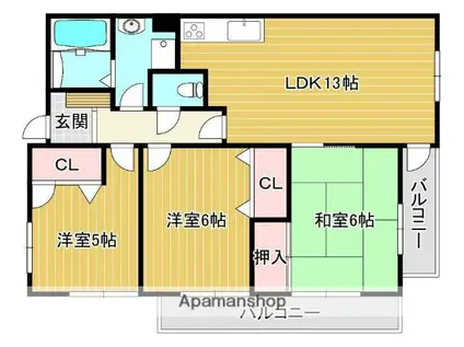 ラ・ペルル城陽(3LDK/2階)の間取り写真