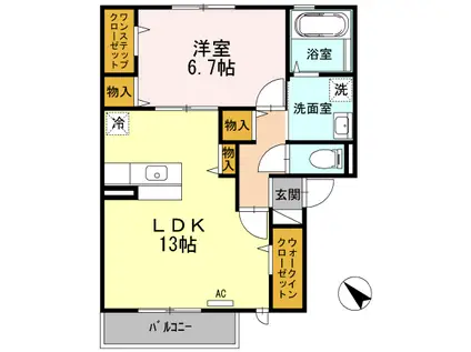 パシオーネA棟(1LDK/2階)の間取り写真