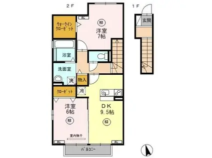 サンセール岩出(2DK/2階)の間取り写真