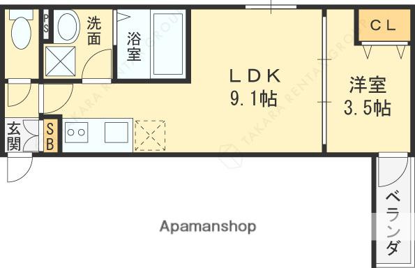 東大阪市吉田6丁目AP B棟(1LDK/1階)の間取り写真