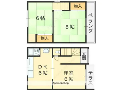 近鉄けいはんな線 新石切駅 バス乗車時間:10分 善根寺北バス停で下車 徒歩5分 2階建 築39年(3DK)の間取り写真