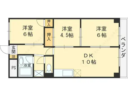 玉手山内外ハイツ(3LDK/2階)の間取り写真