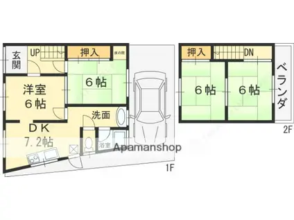 近鉄大阪線 久宝寺口駅 徒歩6分 2階建 築52年(4DK)の間取り写真