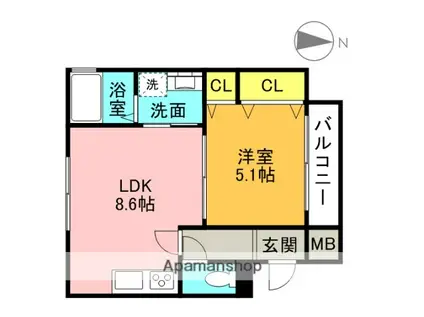 クリエオーレ上野口Ⅱ(1LDK/3階)の間取り写真