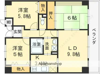 ベルカーサ太子田(3LDK/5階)の間取り写真