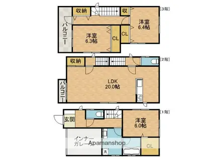東海道本線 摂津富田駅 徒歩20分 3階建 築1年(3LDK)の間取り写真