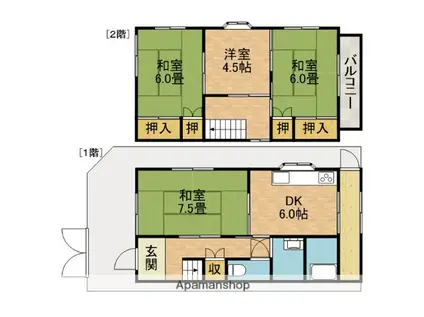 東海道本線 高槻駅 バス乗車時間:18分 南平台東バス停で下車 徒歩4分 2階建 築52年(4DK)の間取り写真