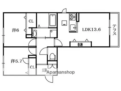 シャーメゾンエリーナクズハ(2LDK/1階)の間取り写真