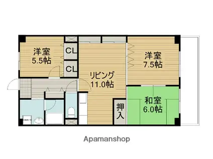 住道グランドコーポ(3LDK/3階)の間取り写真
