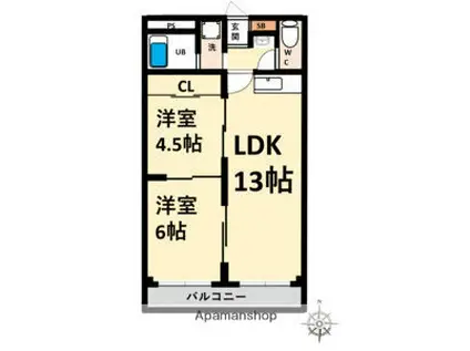 三恵上新庄ハイツ(2LDK/4階)の間取り写真