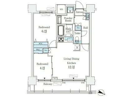 京町堀ビューアパートメント(2LDK/12階)の間取り写真