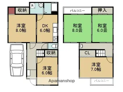 能勢電鉄 山下駅(兵庫) バス乗車時間:28分 西能勢線73系統 赤馬バス停で下車 徒歩7分 2階建 築36年(5DK)の間取り写真