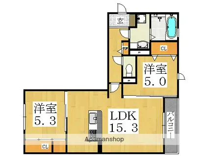 LAVITA帝塚山(2LDK/3階)の間取り写真