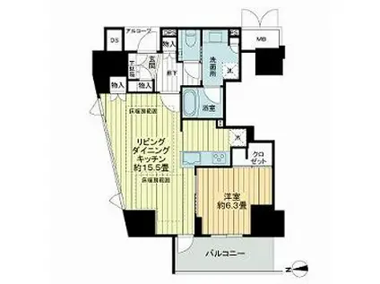 ジオタワー新町(1LDK/15階)の間取り写真