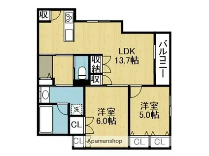 平野区加美正覚寺1丁目ヘーベルメゾン(2LDK/2階)の間取り写真