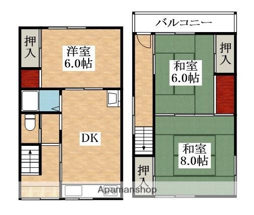 近鉄南大阪線 布忍駅 徒歩8分 2階建 築37年(3DK)の間取り写真