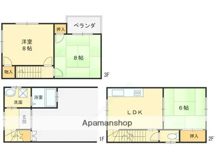 近鉄難波・奈良線 河内小阪駅 徒歩4分 3階建 築31年(3LDK)の間取り写真