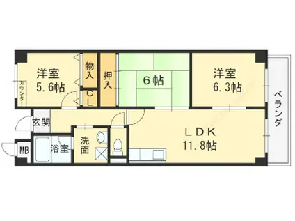 メルベーユ朝日ヶ丘(3LDK/3階)の間取り写真
