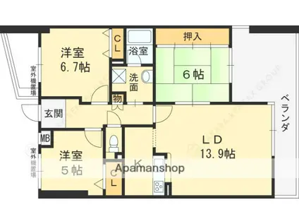 白鷹苦楽園マンション(3LDK/1階)の間取り写真