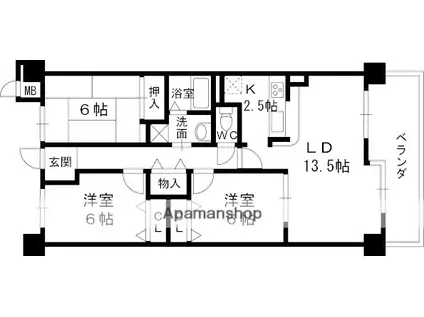 白鷹夙川マンション(3LDK/6階)の間取り写真